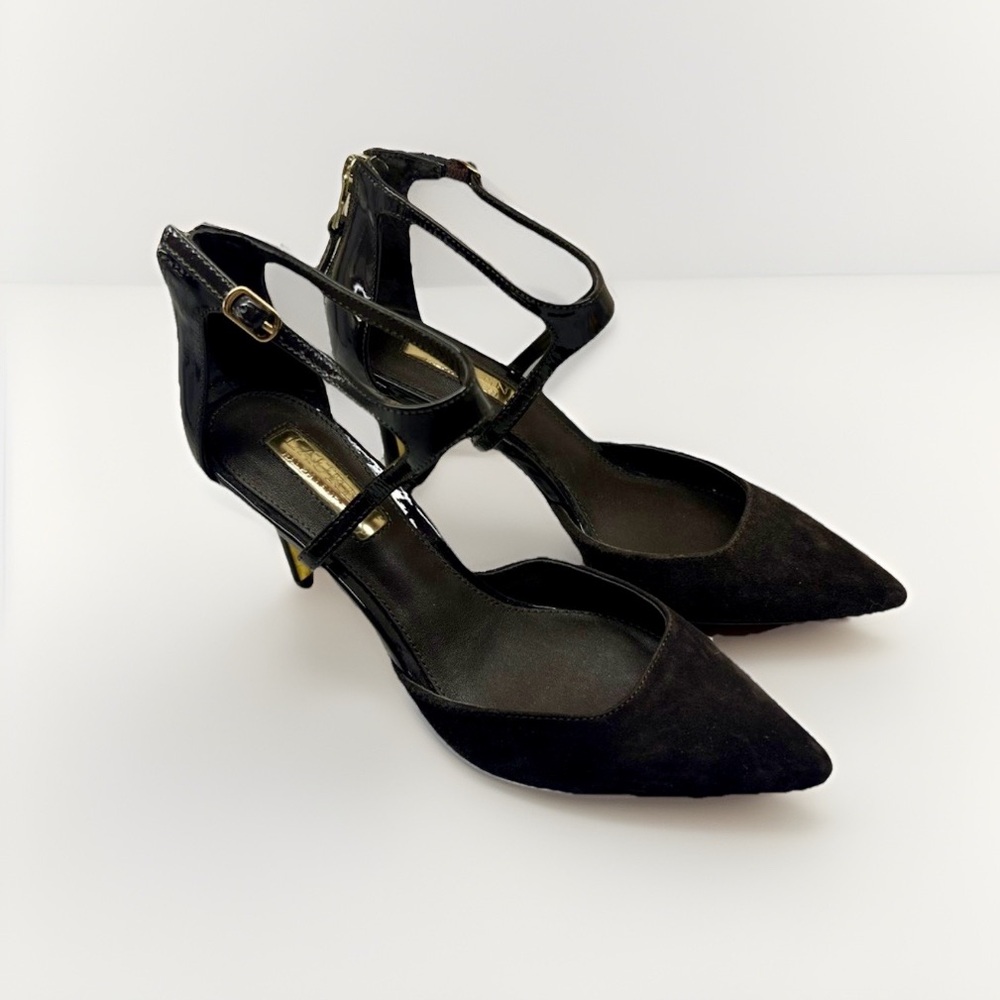 Lauren Ralph Lauren Black Suede Patent Leather Ankle Strap Heels